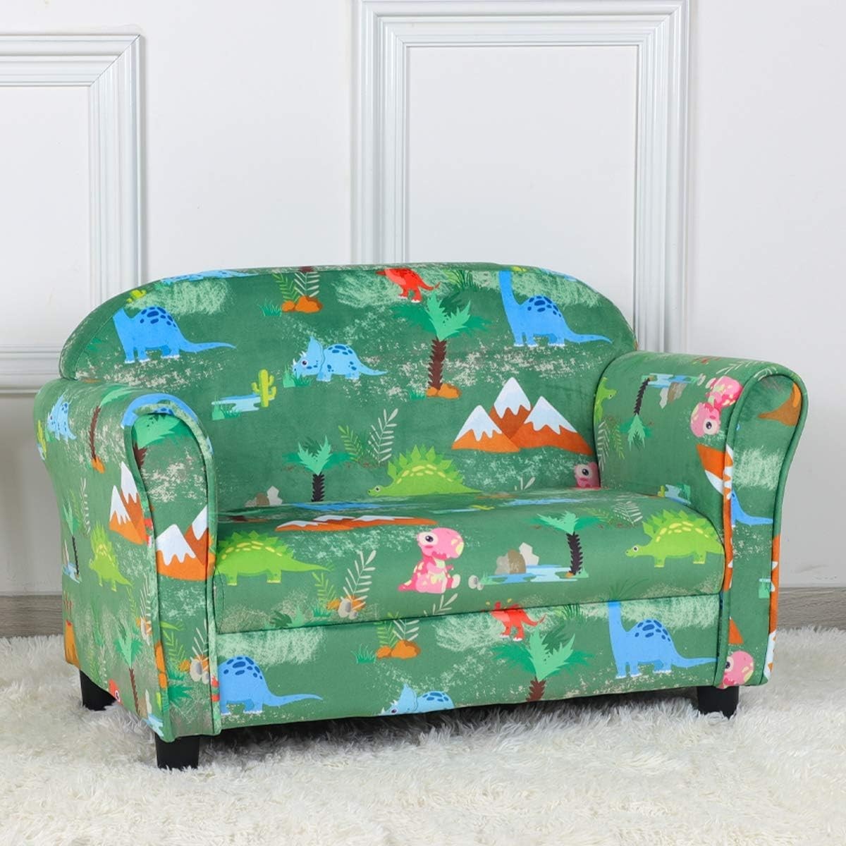 Kids 2 Seater Sofa Chair Dinosaur Pattern Upholstered Velvet Couch Green