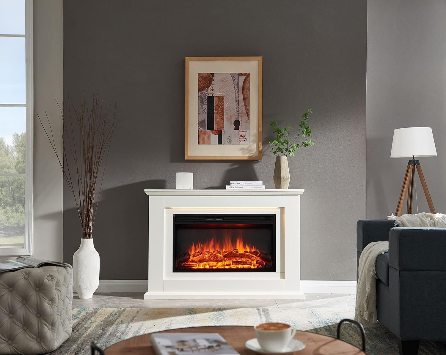 47” White Electric Fireplace Freestanding LED Flame 2kW Heater Remote