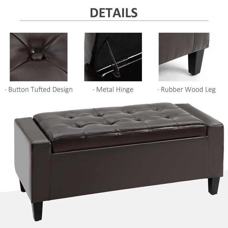 Brown Faux Leather Storage Ottoman Bench – Tufted Flip-Top Chest Seat 92cm