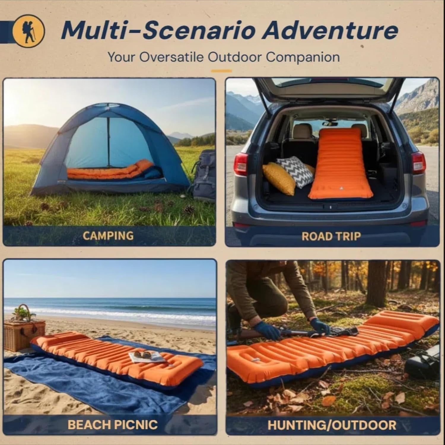 4in Inflatable Camping Sleeping Mat Orange Blue R4 Insulated Waterproof Pad