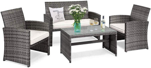 4 Seater Outdoor Rattan Sofa Set with Glass Table Patio Garden Conversation