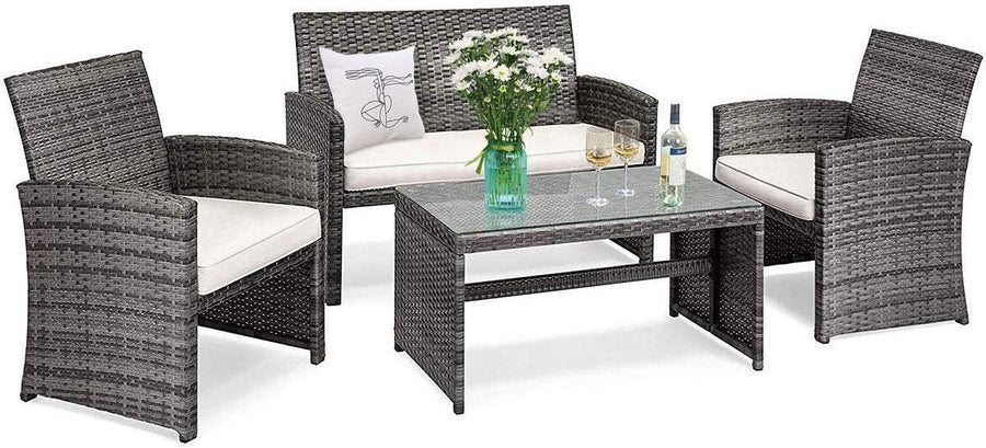 4 Seater Outdoor Rattan Sofa Set with Glass Table Patio Garden Conversation