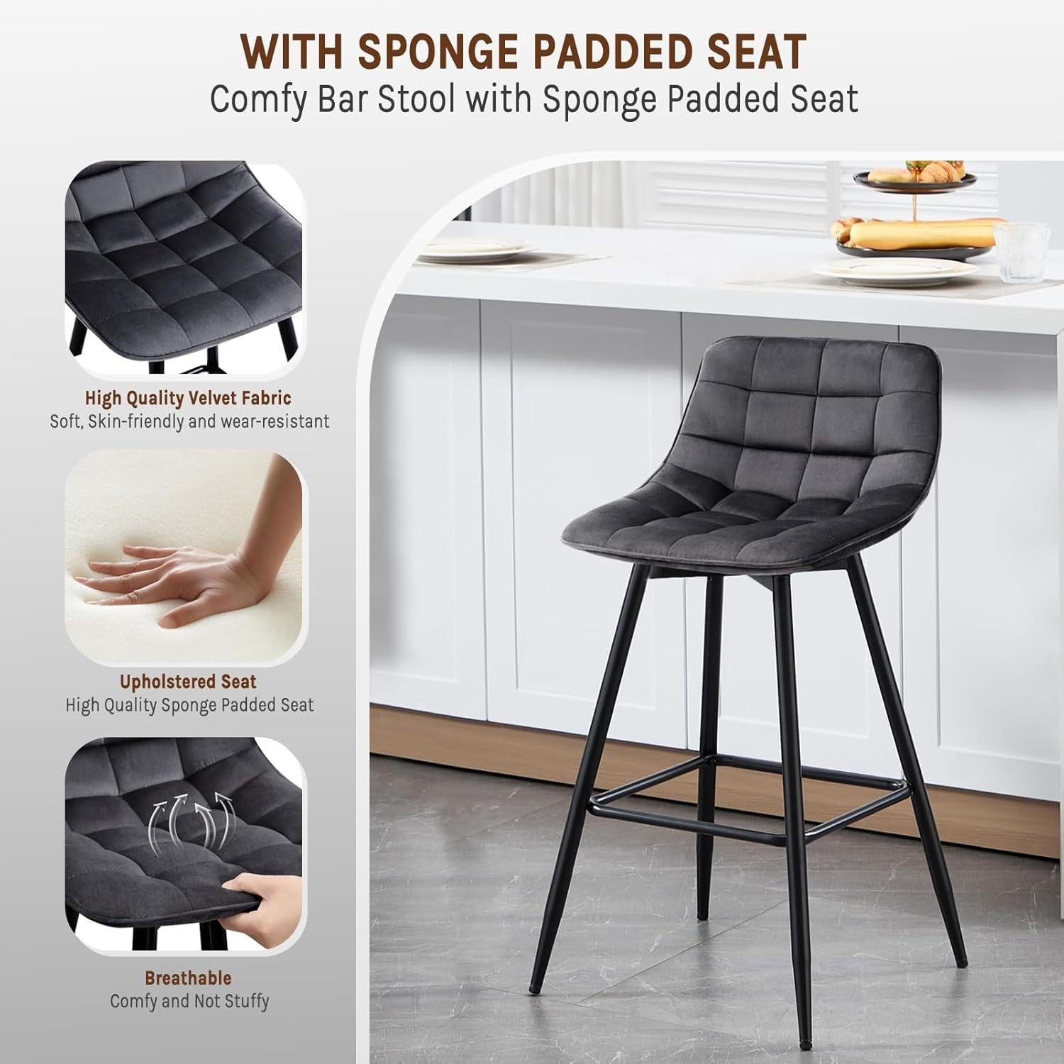 Dark Grey Faux Leather Bar Stools Set of 2 Ergonomic Kitchen Counter Seats