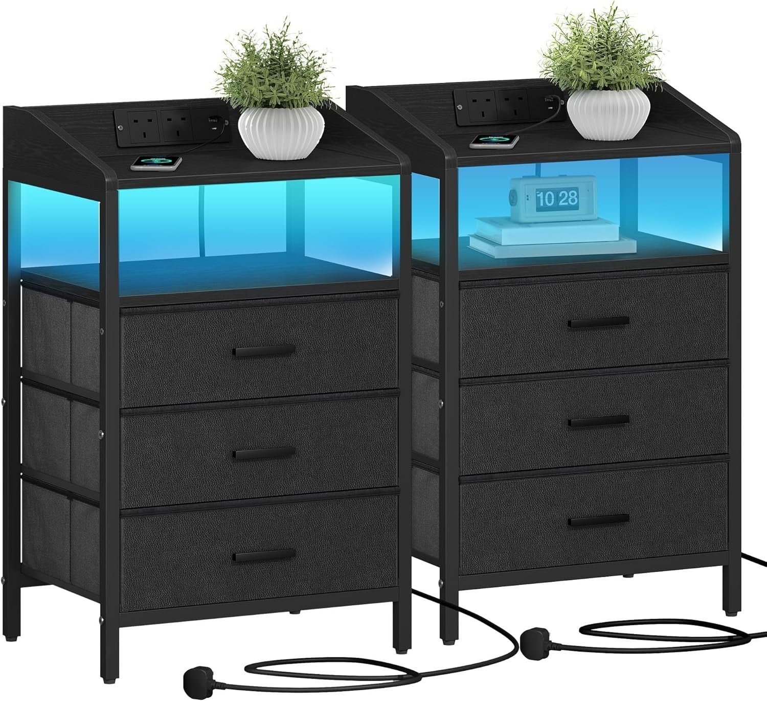 Black LED Bedside Table with USB Ports & 3 Drawers – Modern Nightstand