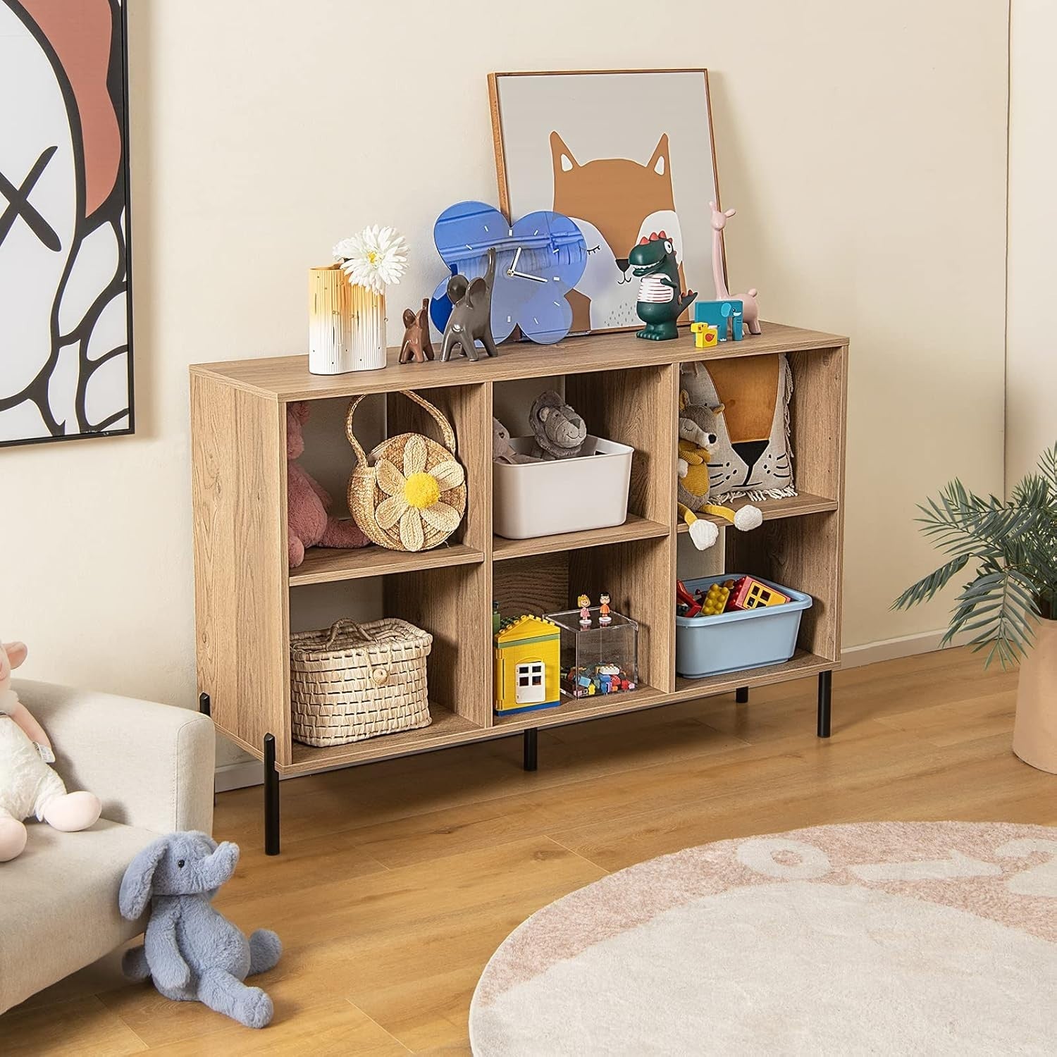 Natural 6-Cube Adjustable Storage Bookcase with Metal Legs 120x35x78cm