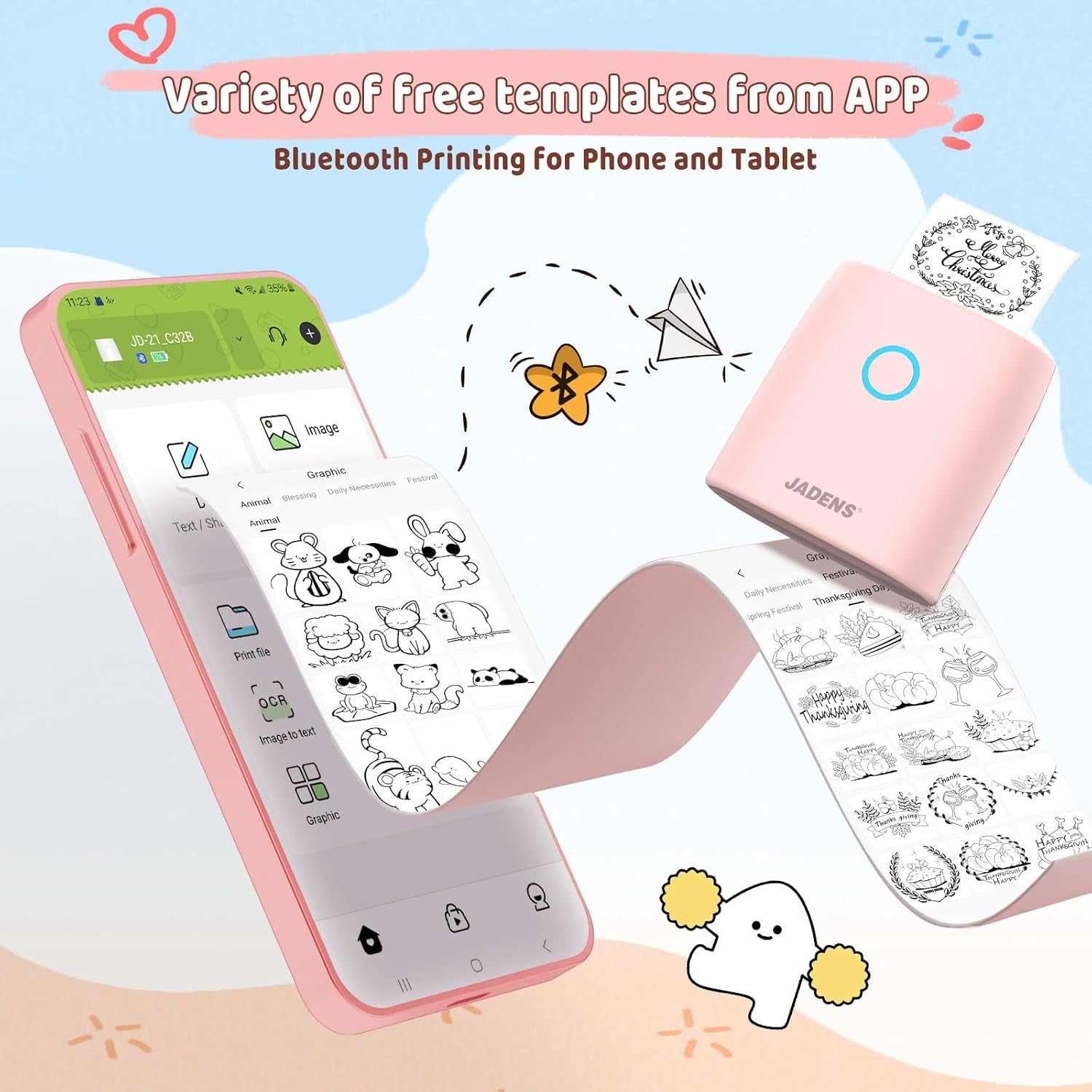 JADENS Inkless Bluetooth Pocket Thermal Printer Portable Wireless