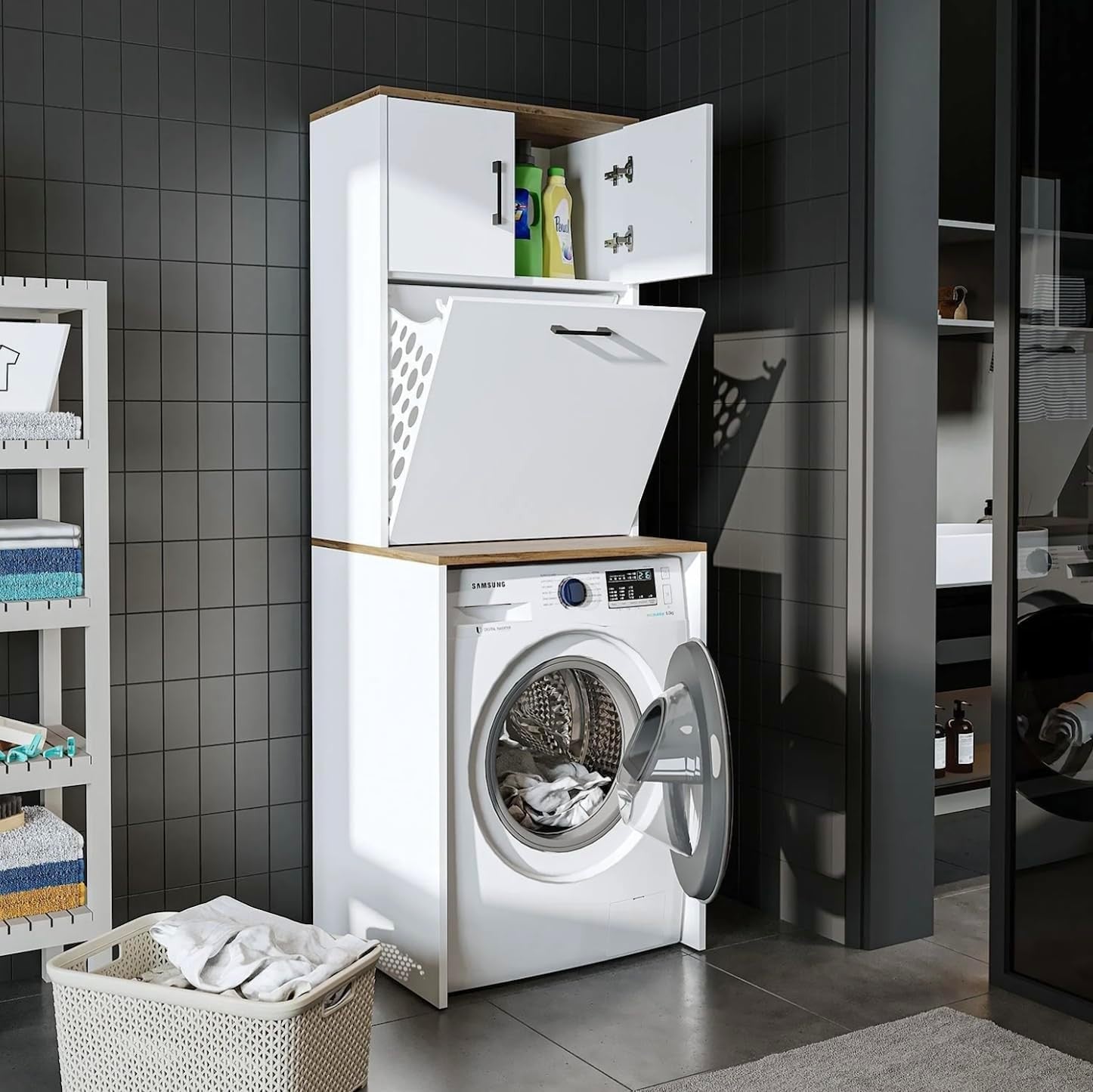 White Oak Washing Machine Cabinet with Laundry Basket & Storage Cupboards 180cm