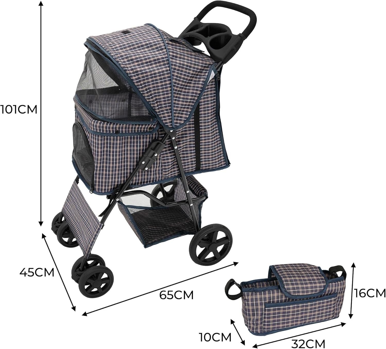 Grey Tartan Pet Stroller Pushchair with Caddy Bag Foldable 15kg Travel Pram