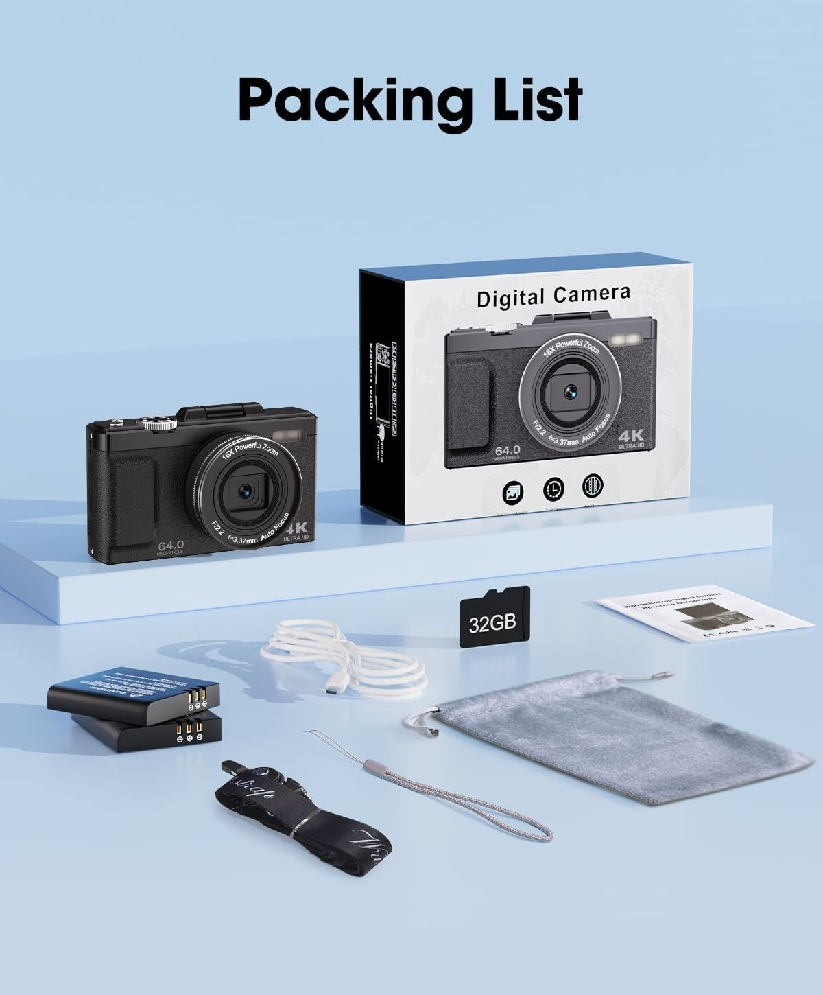 4K 64MP Digital Camera Flip Screen Vlogging Camera 32GB 2 Batteries