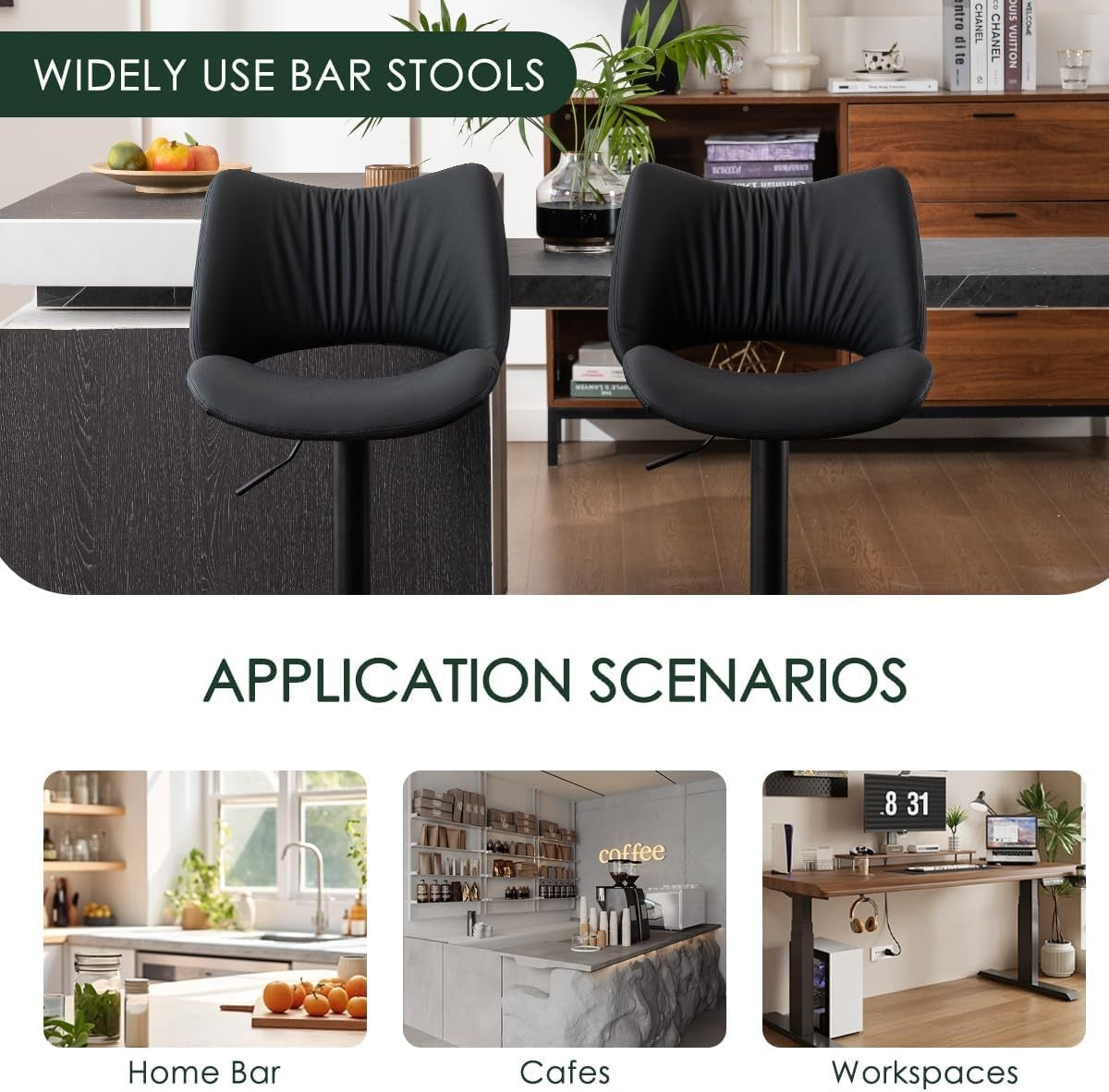 Adjustable Bar Stools 2pcs black PU Leather Swivel Kitchen Counter Chairs