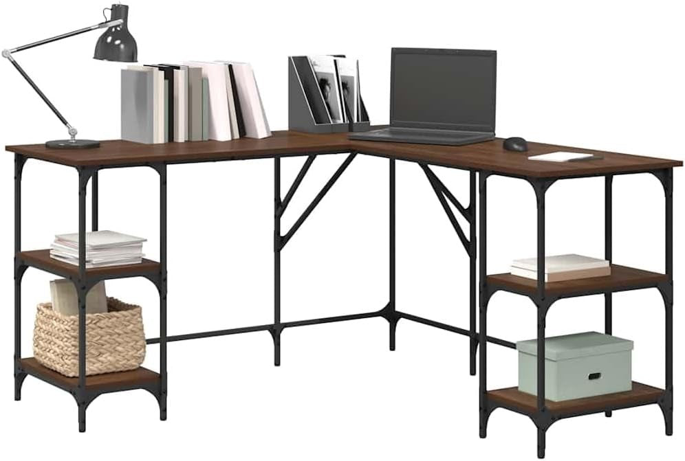 L-Shape Corner Desk with Shelves 139cm Brown Oak Home Office Computer Table