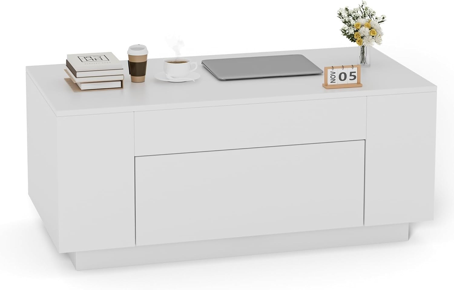 White Coffee Table with Hidden Storage Drawer – Modern 98x50cm Living Room