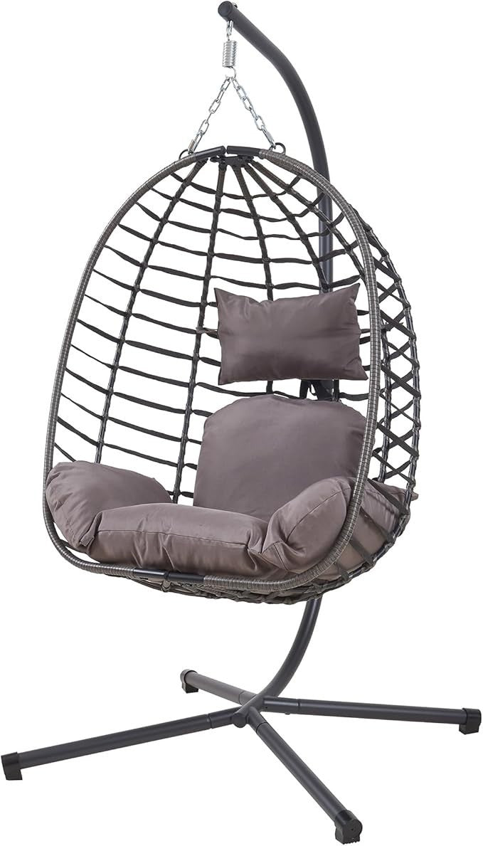 Hanging Egg Chair with Stand Outdoor Indoor Swing Seat Grey Rattan Cushion