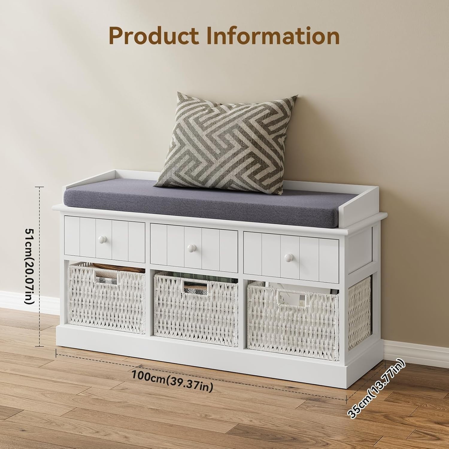 White Storage Bench with Cushion 3 Drawers 3 Wicker Baskets Hallway 100cm