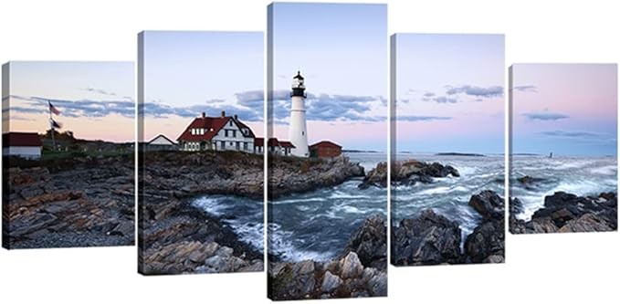 Wieco Art Island 5-Piece Modern Stretched Canvas Seascape Lighthouse Wall Art