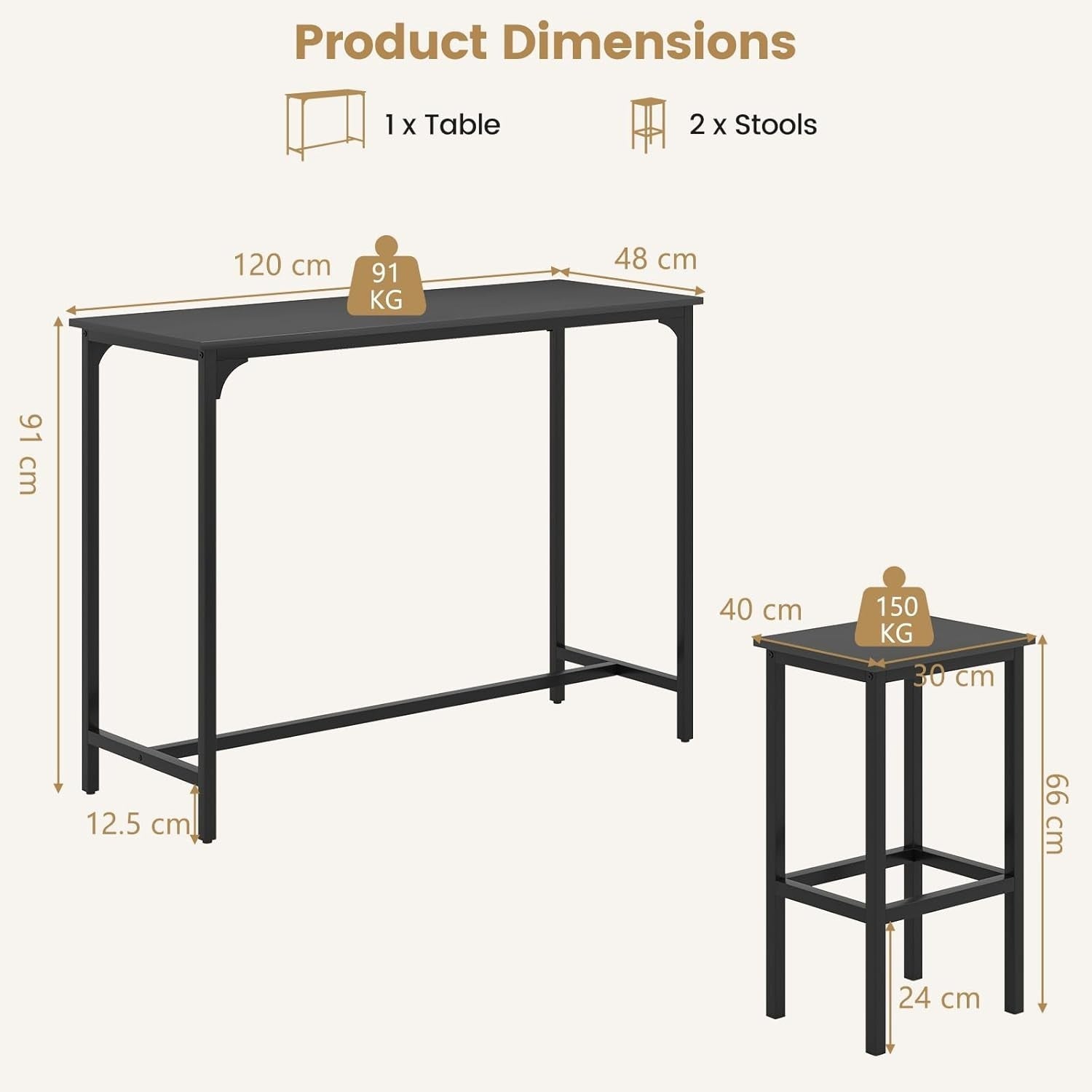 3PCS Bar Table Set with 2 Stools Counter Height Dining Set Space Saving Black