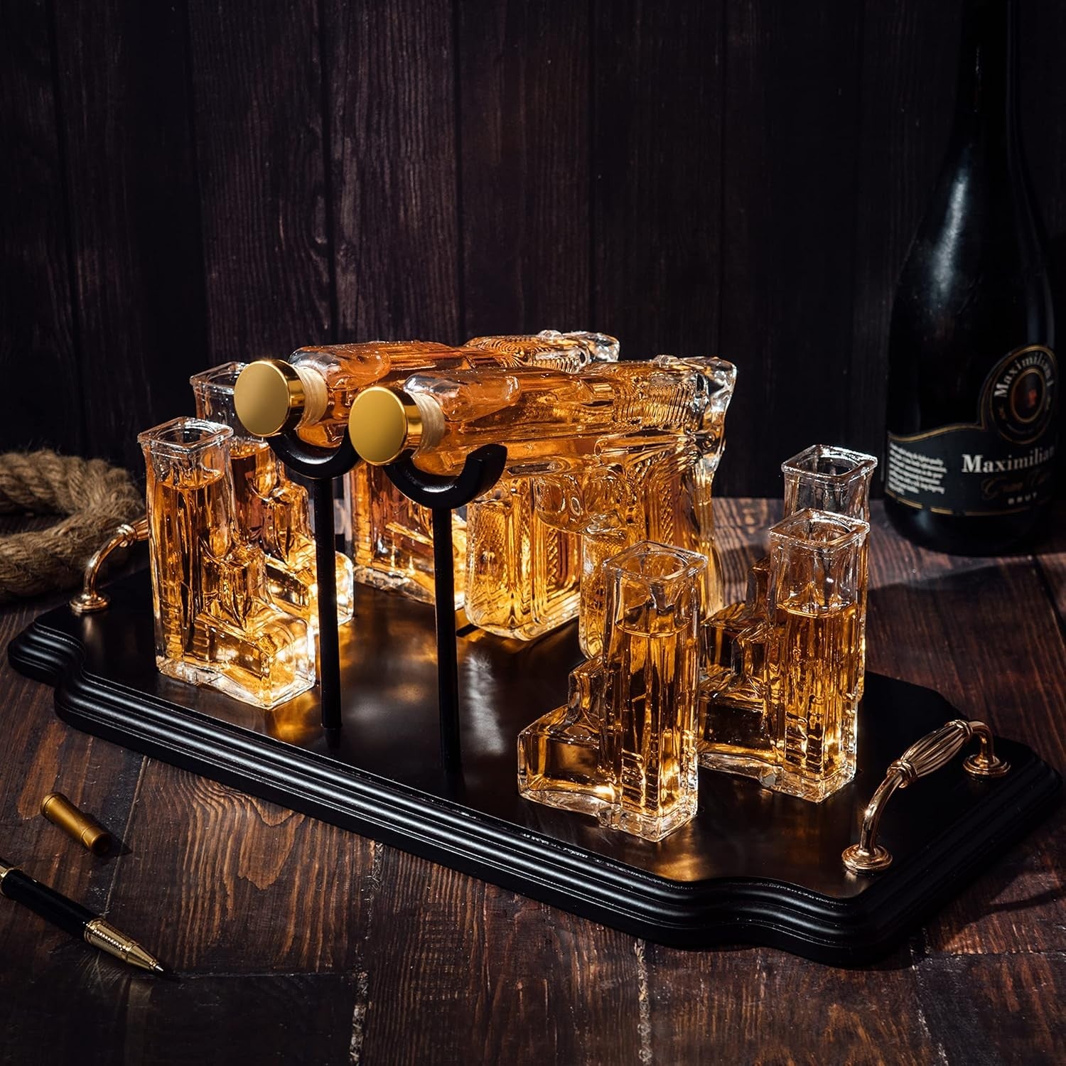 Whiskey Decanter Set with Bullet Glasses Stand | Unique Pistol Themed Gift for M