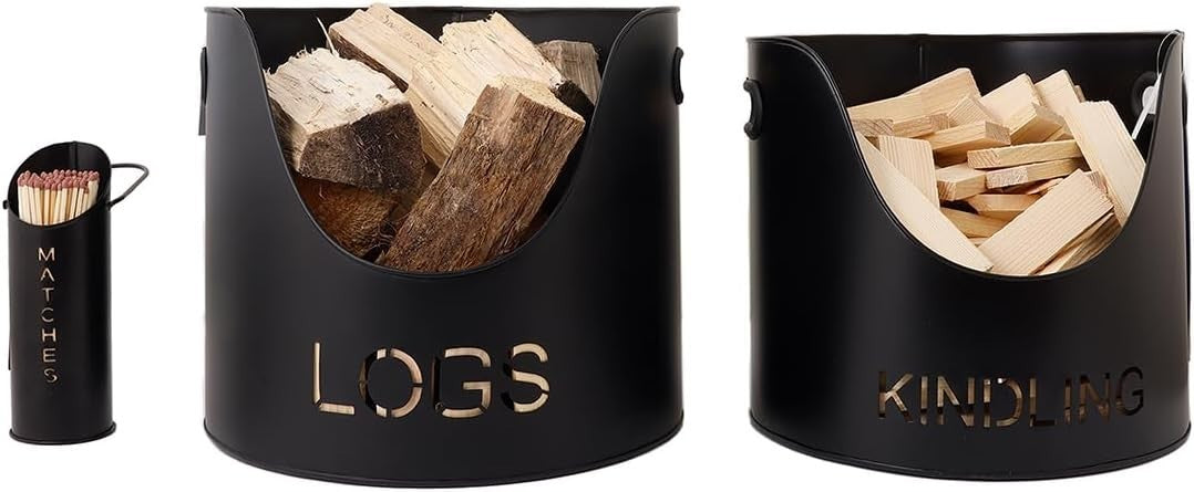 Wood Buckets & Matchstick Holder Fireside Set – Durable Metal, Modern Style