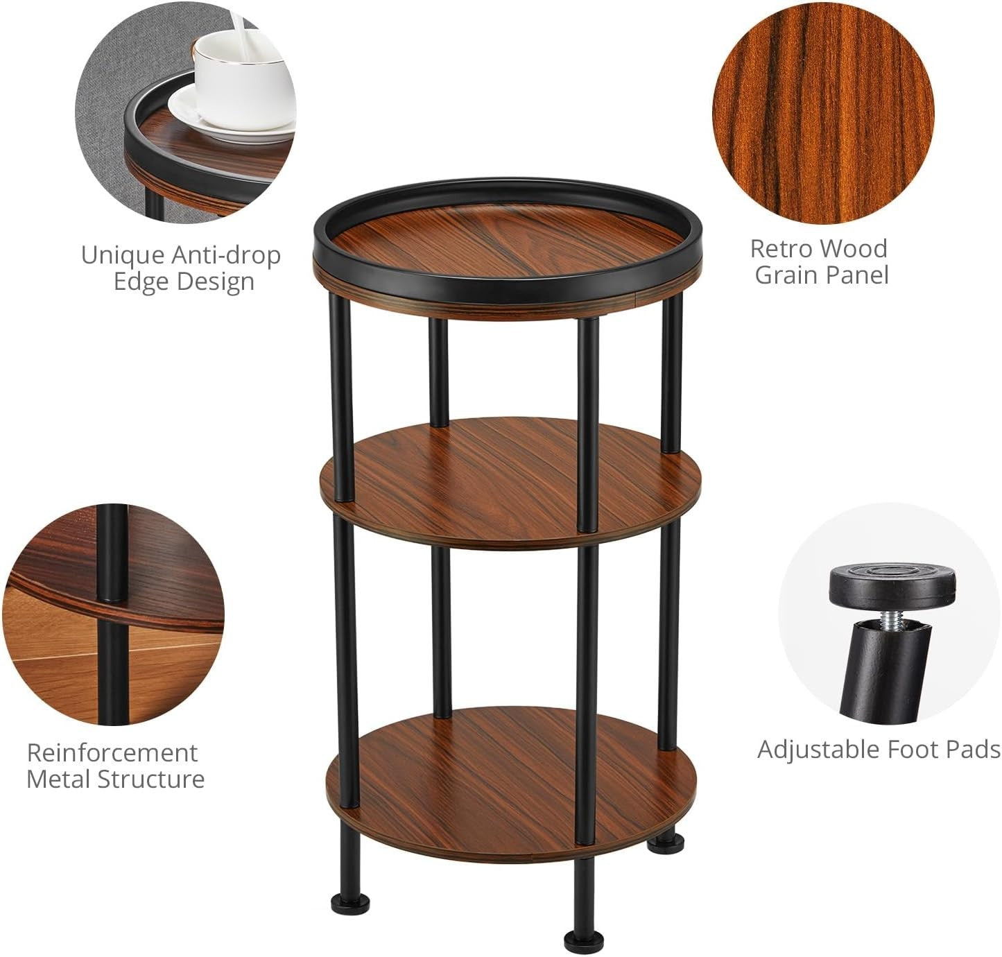 3 Tier Round Side Table with Storage Shelf Metal Frame Small Space Cherry 30x55