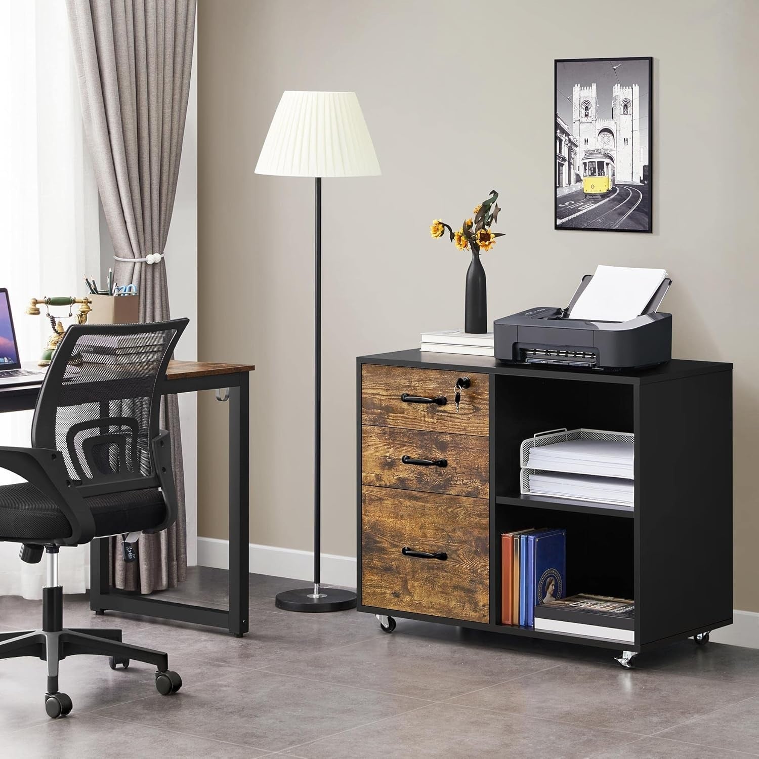 Rolling Mobile Filing Cabinet with Lockable Drawers Printer Stand 80x40x65cm