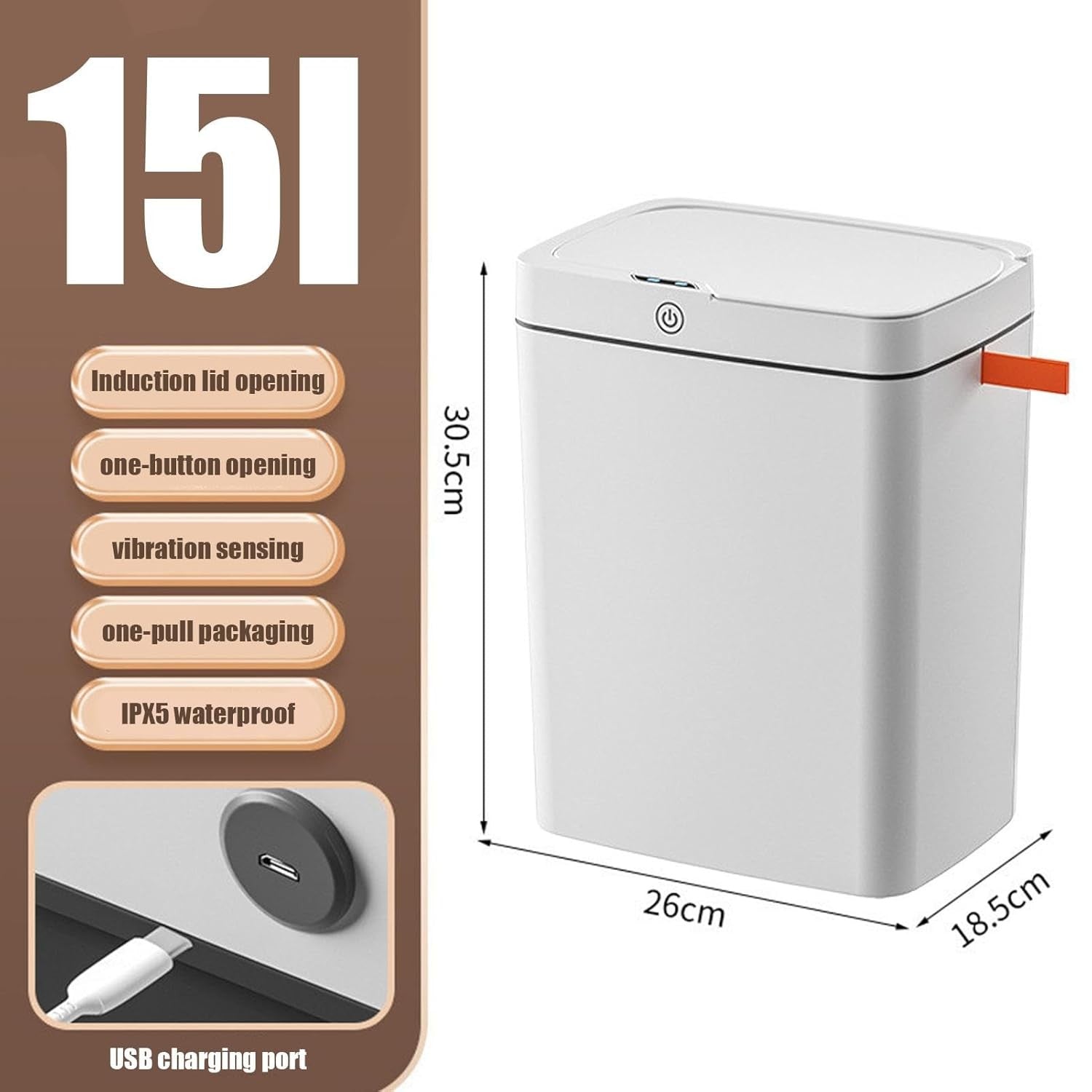 Touchless Motion Sensor Trash Bin | USB Rechargeable 2.6 Gal White