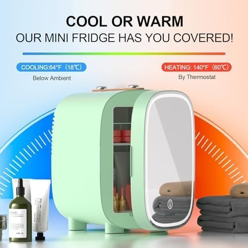 4L Skincare Mini Fridge Cooler & Warmer LED Mirror Portable Green