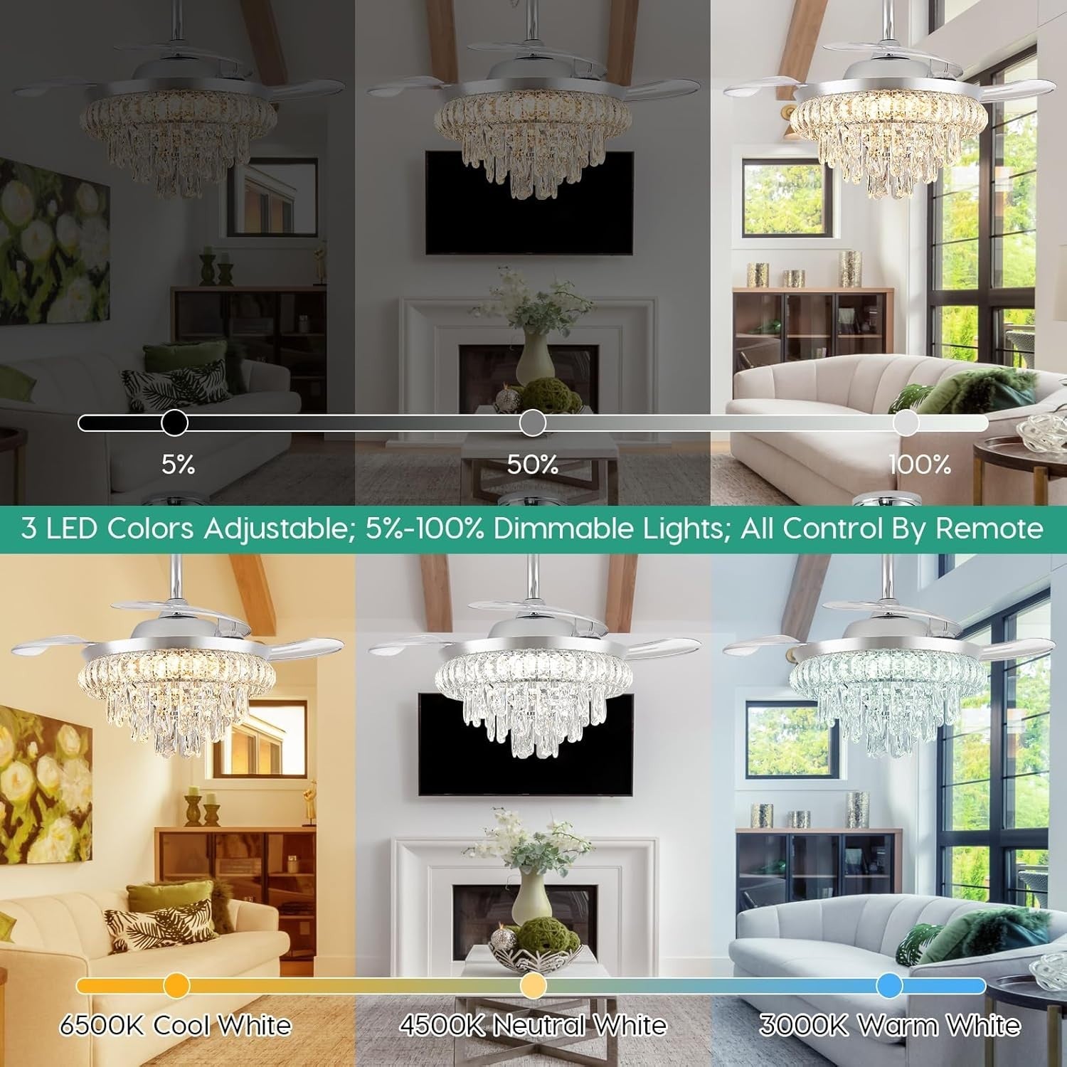 Crystal Ceiling Fan, 6 Speeds, Dimmable LED, Remote, Retractable
