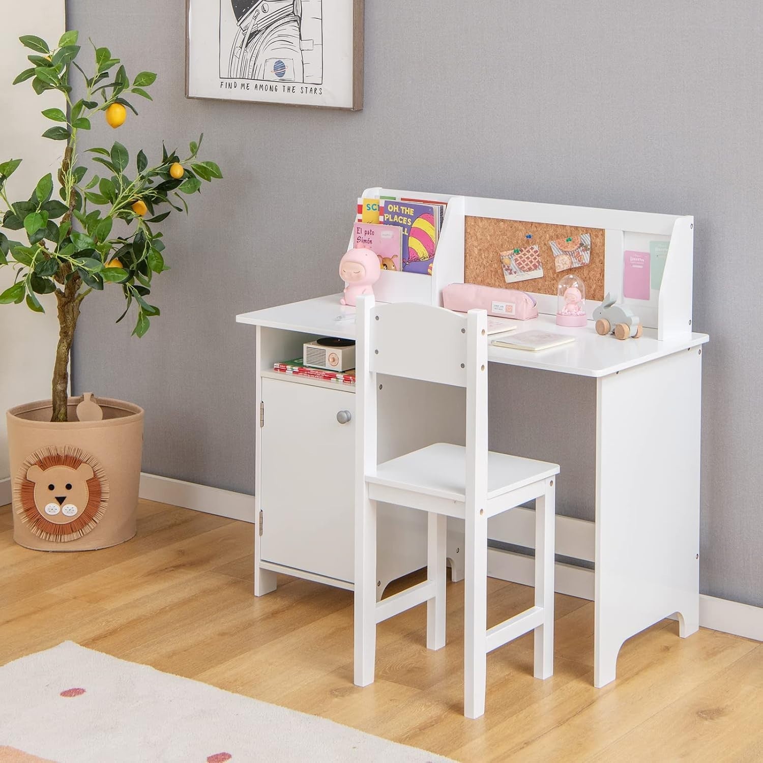 Kids Study Desk & Chair Set with Storage Cabinet, Cork Board, Ergonomic Design
