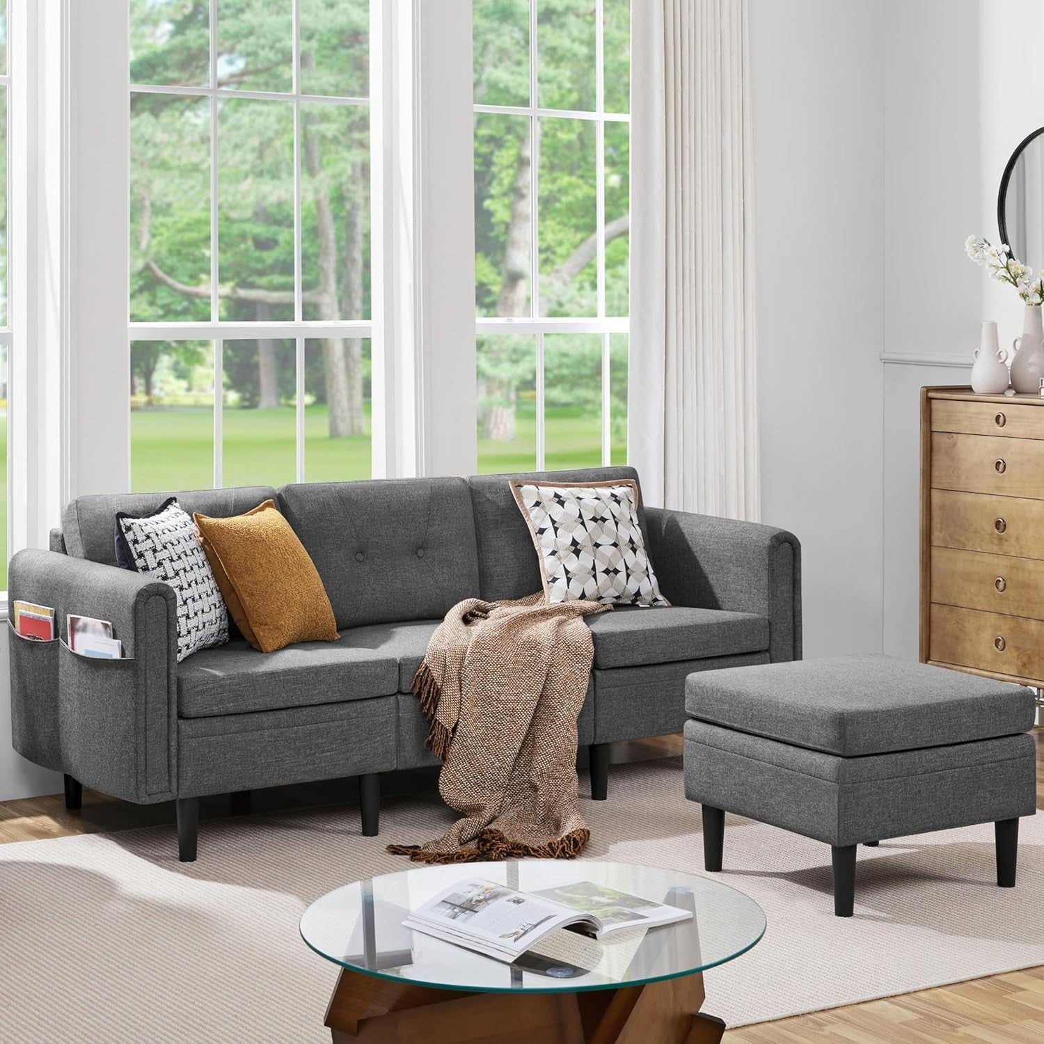 Light Gray L-Shaped Corner Sofa with Ottoman 3-Seater Chaise for Small Spaces