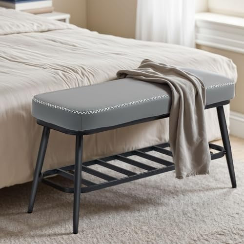 Grey PU Leather Shoe Storage Bench with Cushion Seat & Metal Frame Entryway