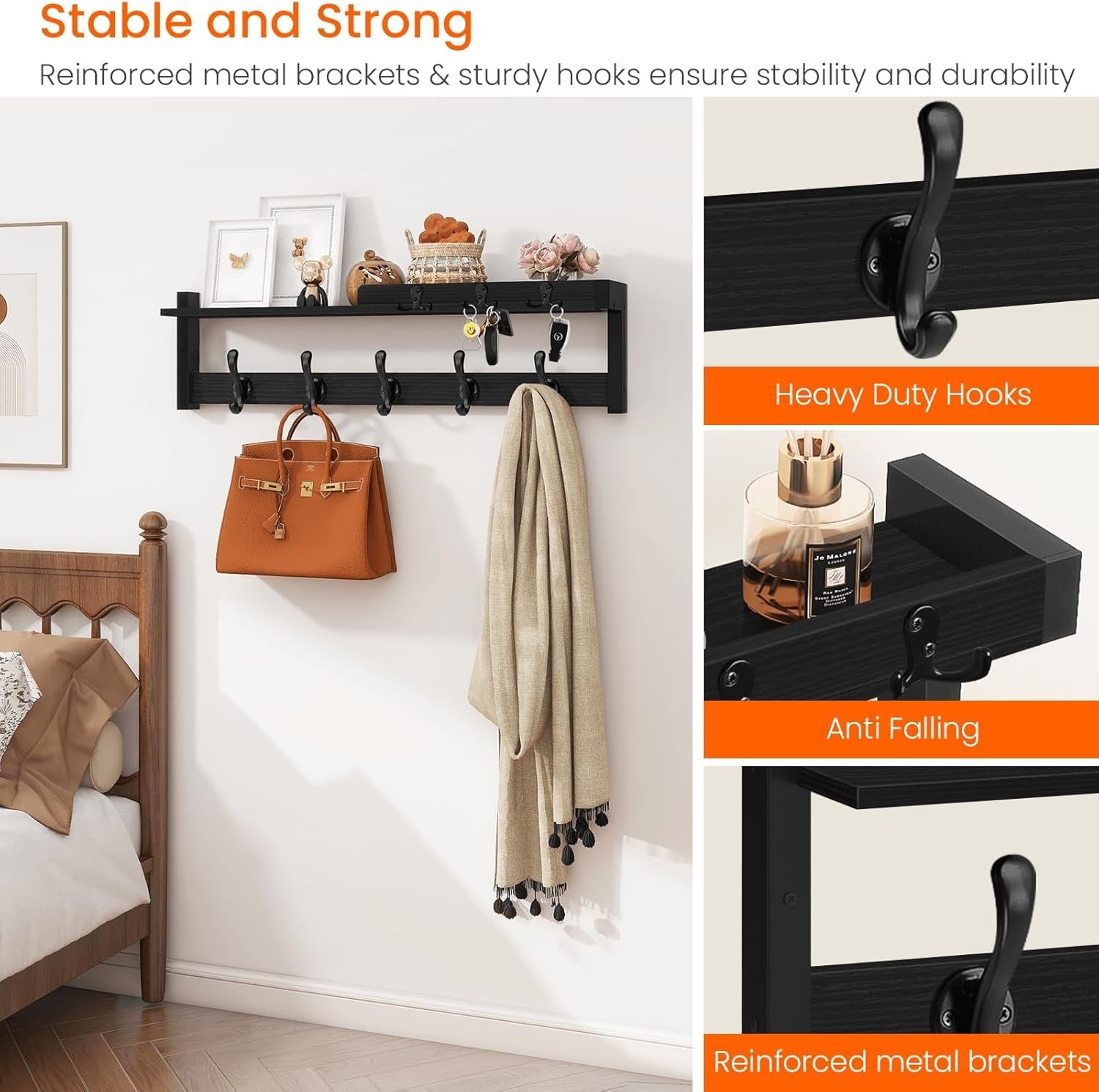 Black Wall Coat Rack 29" Wood Shelf with Hooks & Key Holder Entryway Organizer