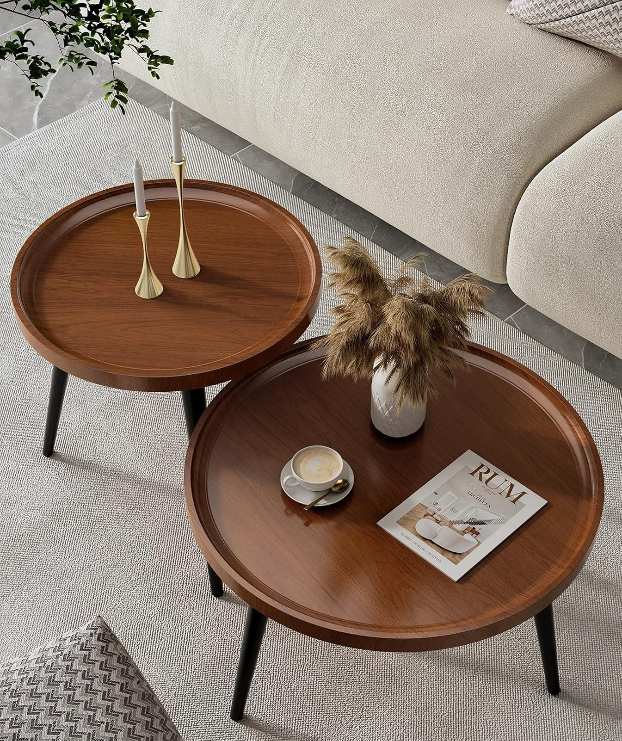 Walnut Nesting Coffee Table Set of 2 Modern Round Side End Tables 178lbs Load