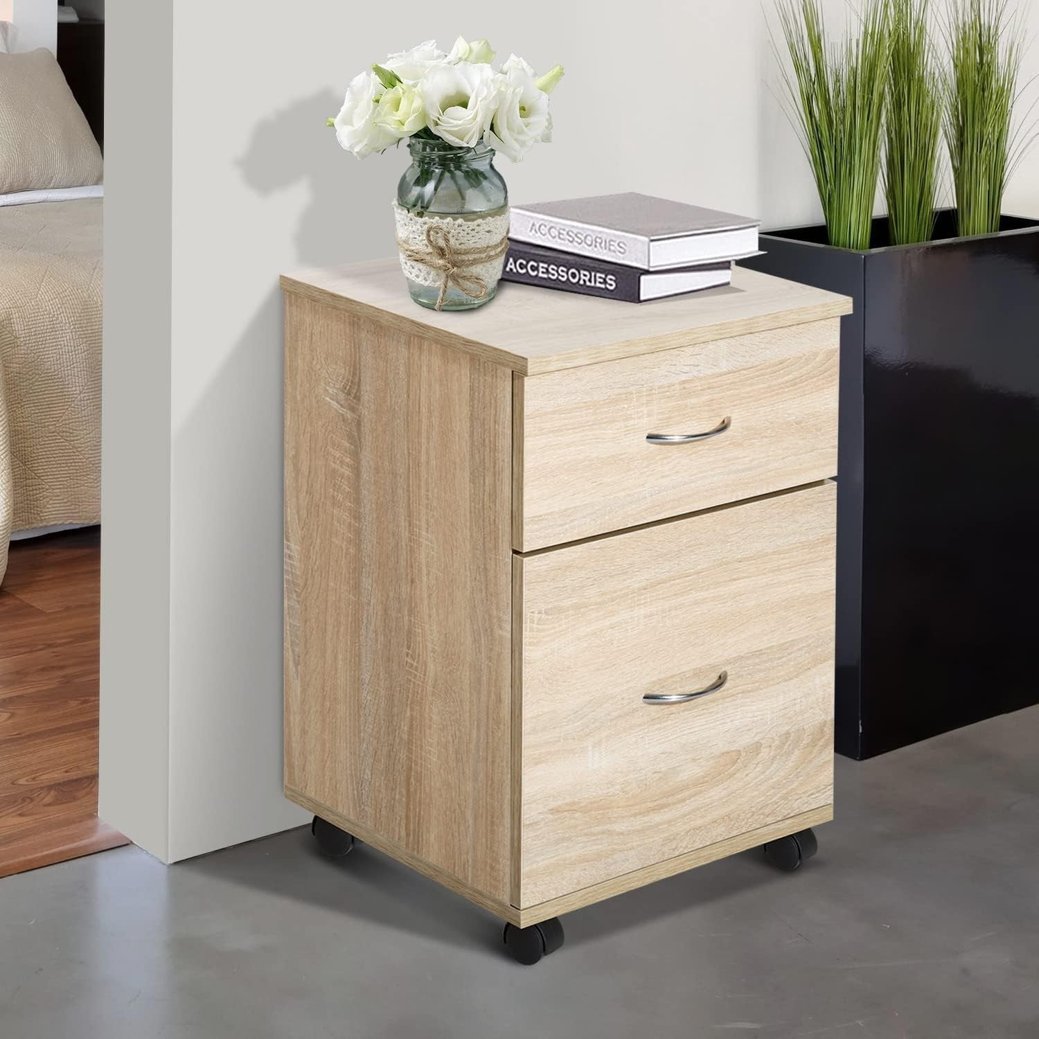 Oak Rolling File Cabinet 2 Drawer Under Desk Printer Stand Storage