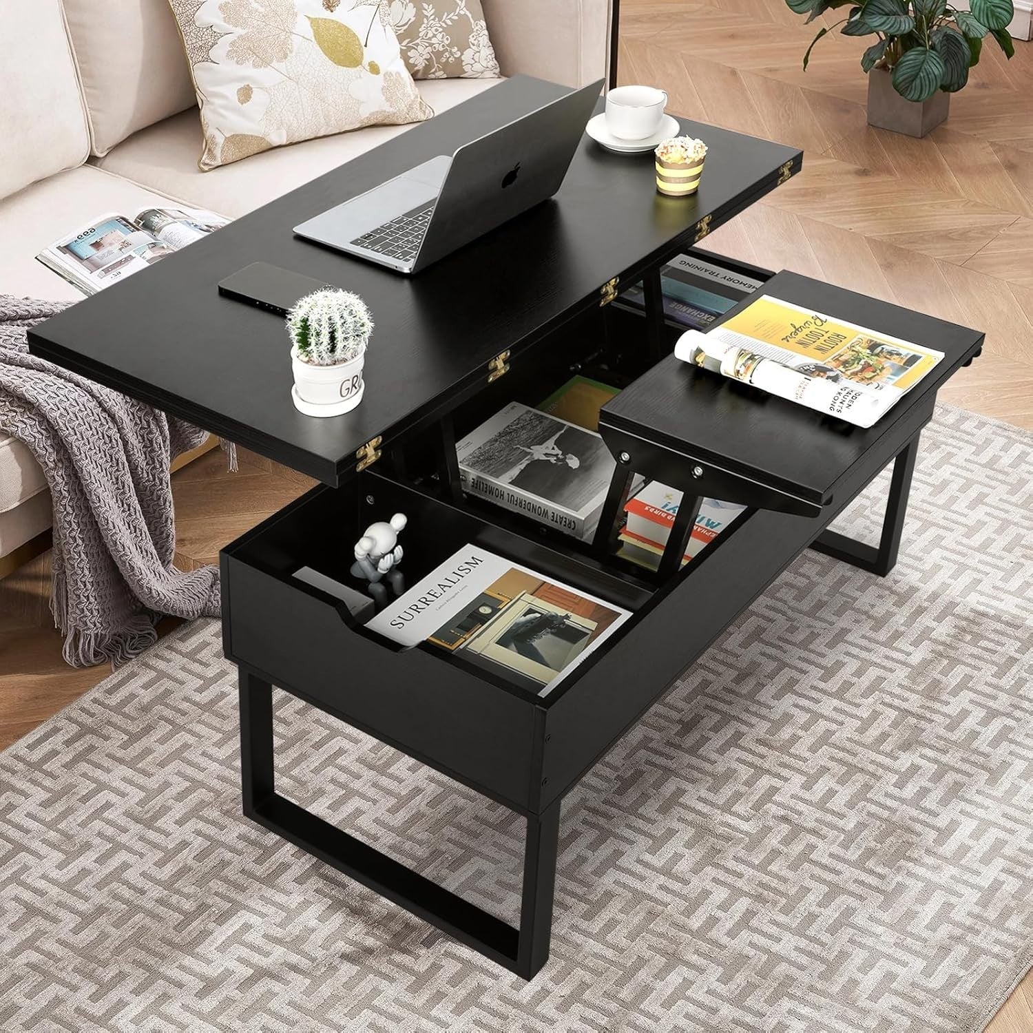 Lift Top Coffee Table with Hidden Storage 3-in-1 Convertible Black 100x50x50cm