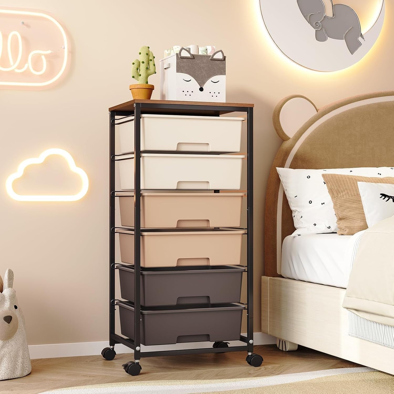 6 Drawer Rolling Storage Cart Utility Trolley with Wooden Top Brown