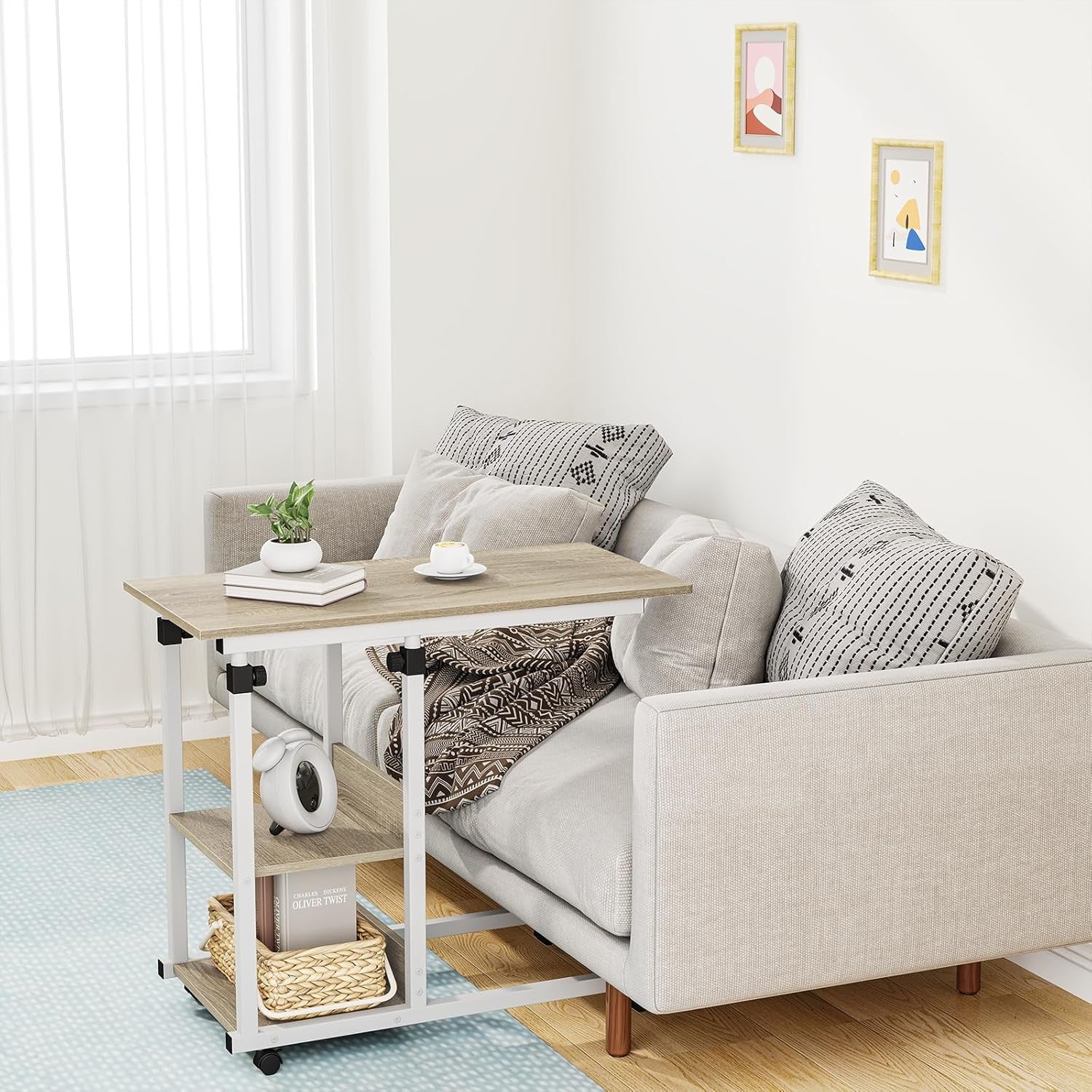 C Shaped Side Table Height Adjustable Sofa Bed Laptop Desk with Wheels