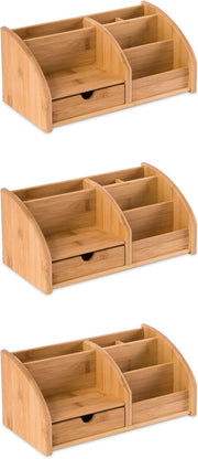 Bamboo Desk Organiser 6 Compartments 1 Drawer Office Tidy 3-Pack