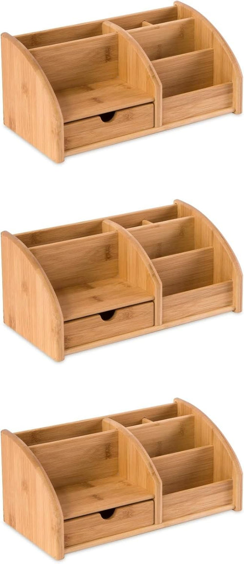 Bamboo Desk Organiser 6 Compartments 1 Drawer Office Tidy 3-Pack