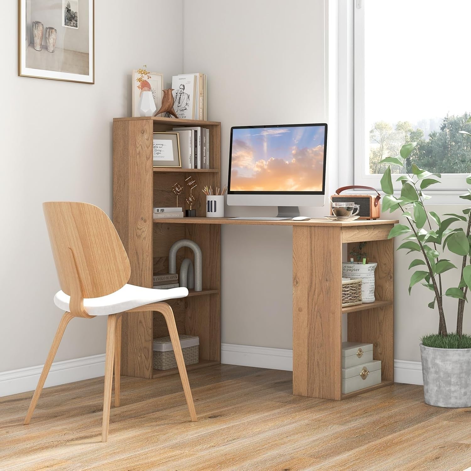 Natural Wood Computer Desk 122x52cm with 6-Tier Storage Shelves