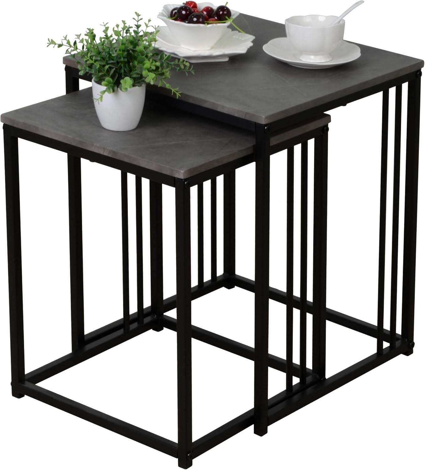 Nest of 2 Coffee Tables Living Room Side End Set Stone Black Steel Frame