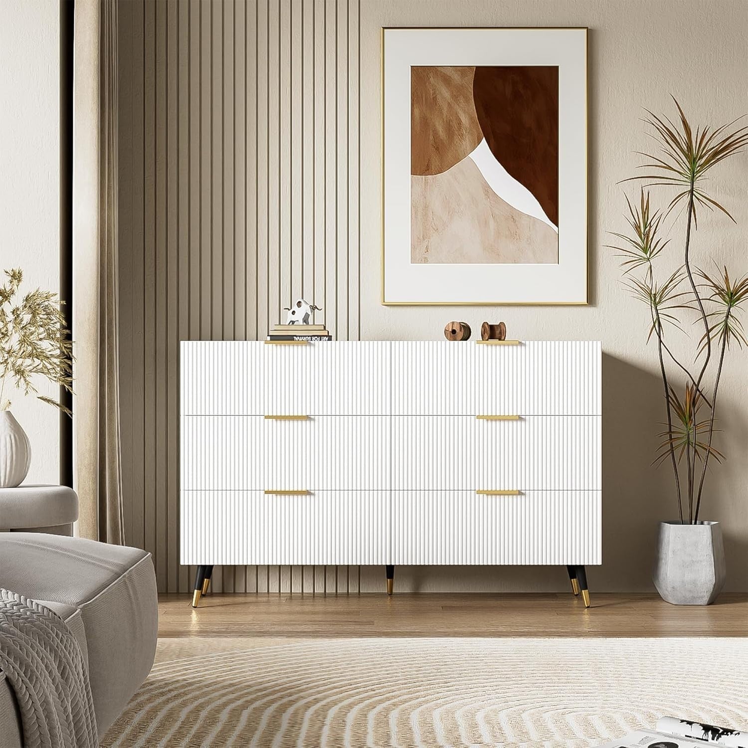 6 Drawer Modern White Chest with Gold Handles | Spacious Bedroom Storage
