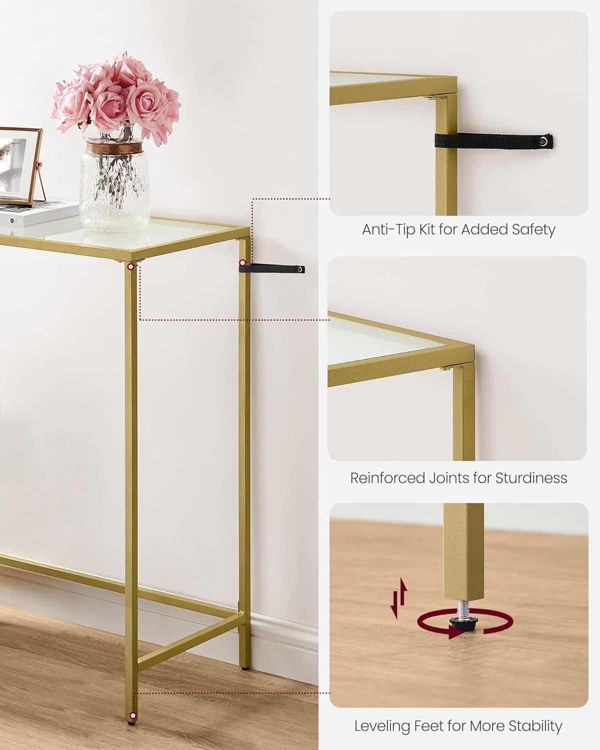 Gold Console Table Tempered Glass Top | Slim 100x35.5x80cm Metal Frame Hallway