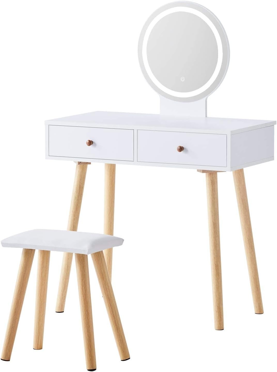 Modern Dressing Table Vanity Set LED Mirror Stool White Wood 2 Drawer Makeup Des