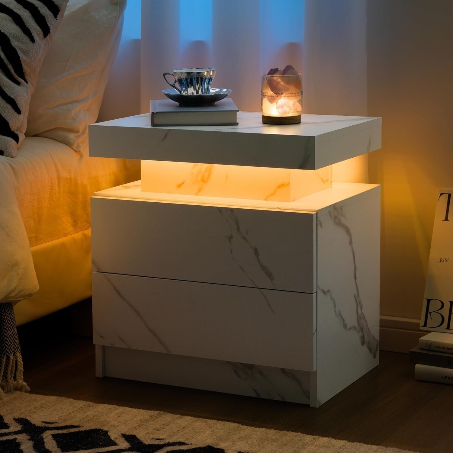 Modern Marble White LED Bedside Table with Drawers – RGB Light Nightstand