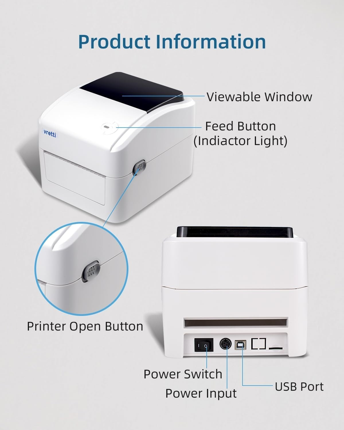 Bluetooth Thermal Label Printer 4x6 USB Wireless Grey White for Business