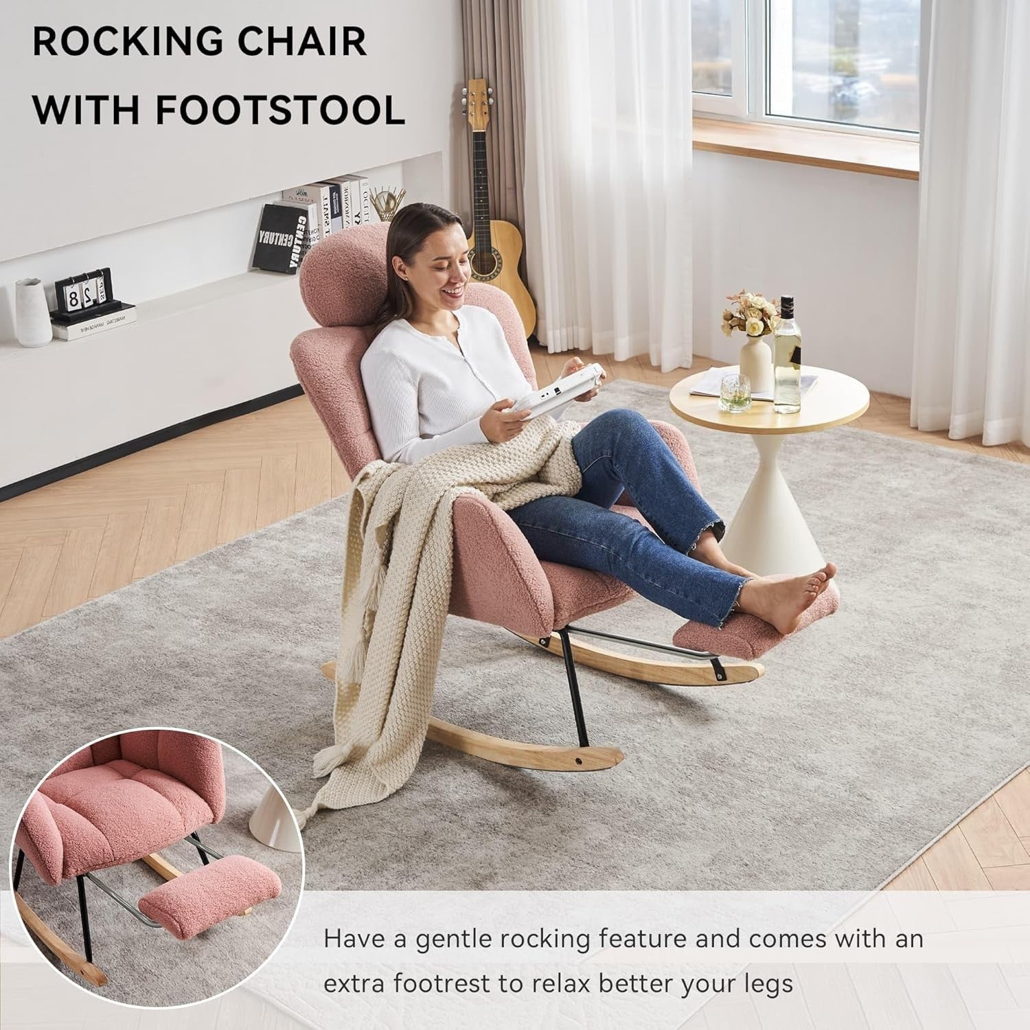 Pink Rocking Recliner Chair w/ Footrest & Headrest – Soft Teddy Armchair 125cm
