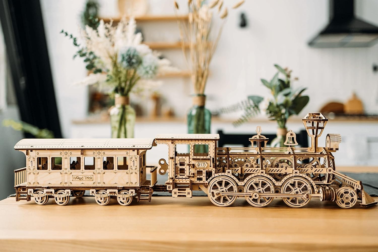 3D Wooden Train Set with Railway DIY Locomotive Puzzle Model Kit Adult