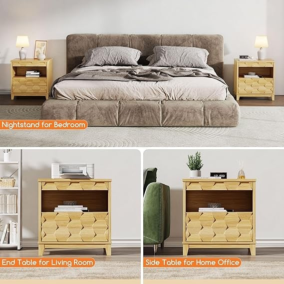 Modern Bedside Table with Hidden Locking Drawer, 3D Fluted Design, Natural Night