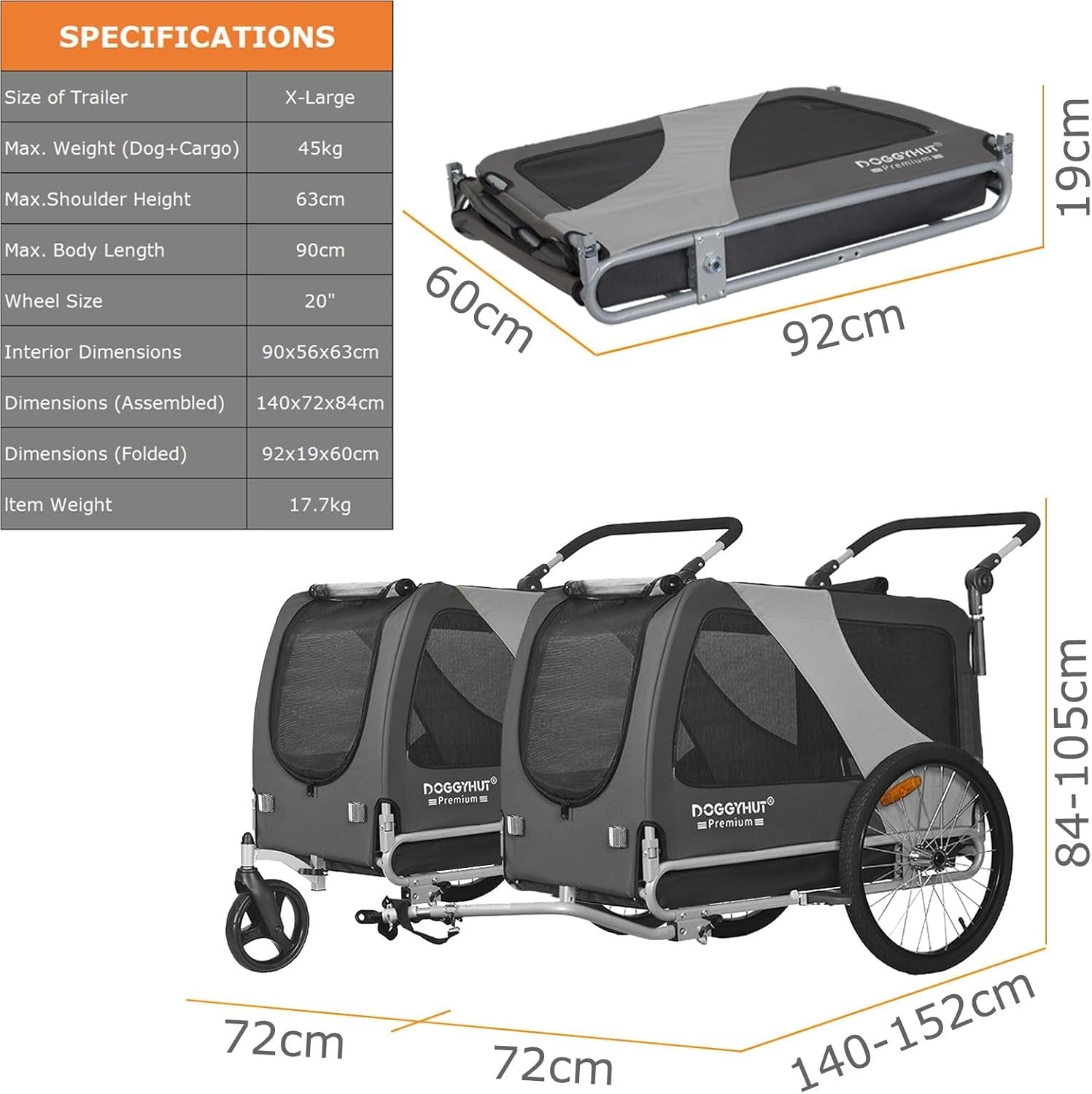 XL Dog Bike Trailer Stroller 45kg Heavy Duty Grey Black Pet Transport