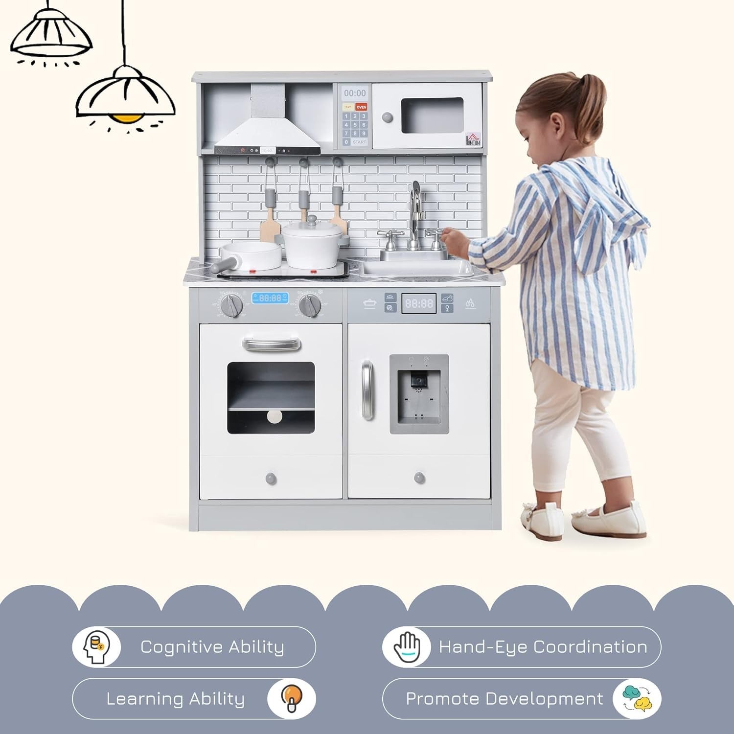 Kids Wooden Play Kitchen Lights Sounds Ice Maker Grey Toy Set